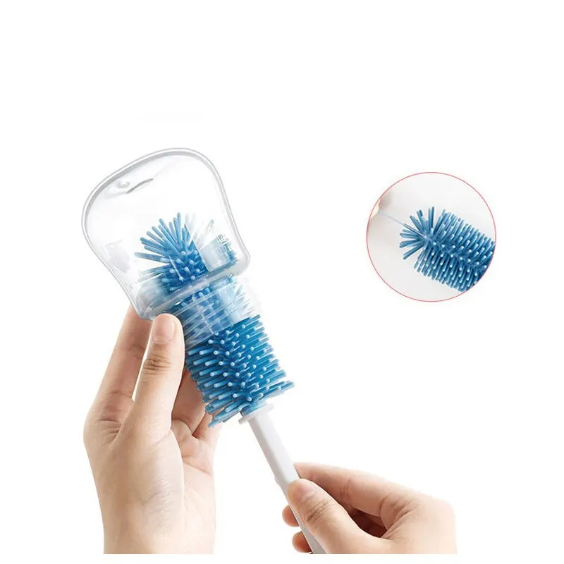 3 Pcs Blue Silicone Rubber Baby Bottle Cleaning Brush Sets