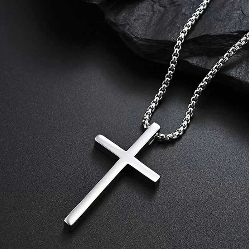 Hip Hop Trend Cross Pendant Necklace for Men Simple Punk Silver Color Titanium Steel Chain Versatile Street Jewelry Accessories