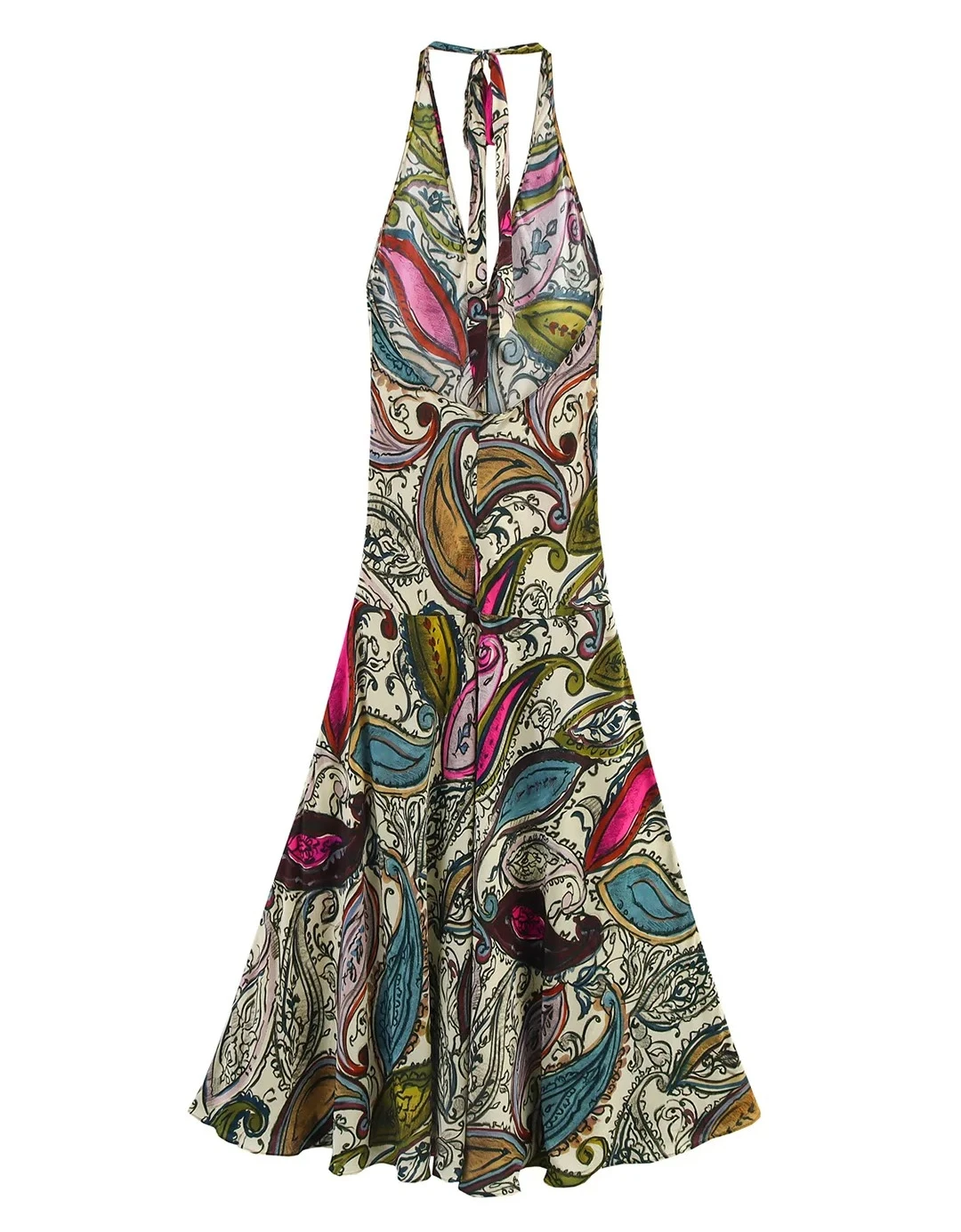 女性用ノースリーブセクシーバックレスバケーションパーティーロングドレス、タイホルターディープVネックファッションヴィンテージプリントボヘミアンワンピース