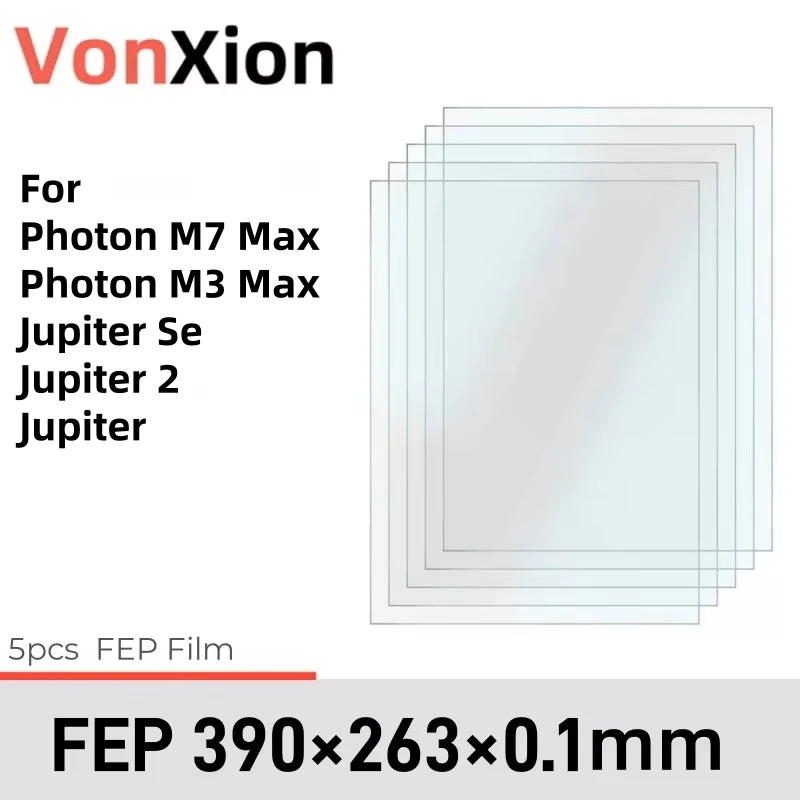 

Vonxion 5Pcs FEP Release Film 390x263x0.1mm For ANYCUBIC Photon M3 Max Jupiter SE LCD SLA DLP UV Resin 3D Printer Accessories