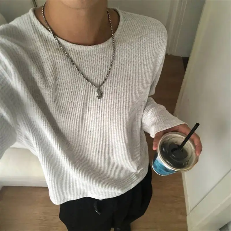 Old Money Style Round Neck Waffle Long Sleeve Men's T-shirt Loose Comfortable Korean Style Pullover Tops Gray Black 9X6H3B