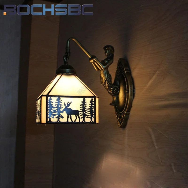 BOCHSBC Tiffany style stained glass European mermaid elk wall lamp for dining room bedroom bedside cafe art wall light LED decor