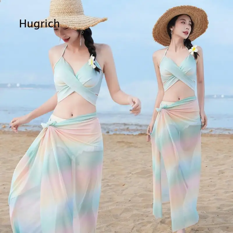 Women 3 Piece Gradient Rainbow Print Bikini Set Halter Wrap Crop Top High Cut Bottom And Sheer Mesh Wrap Long Cover Up
