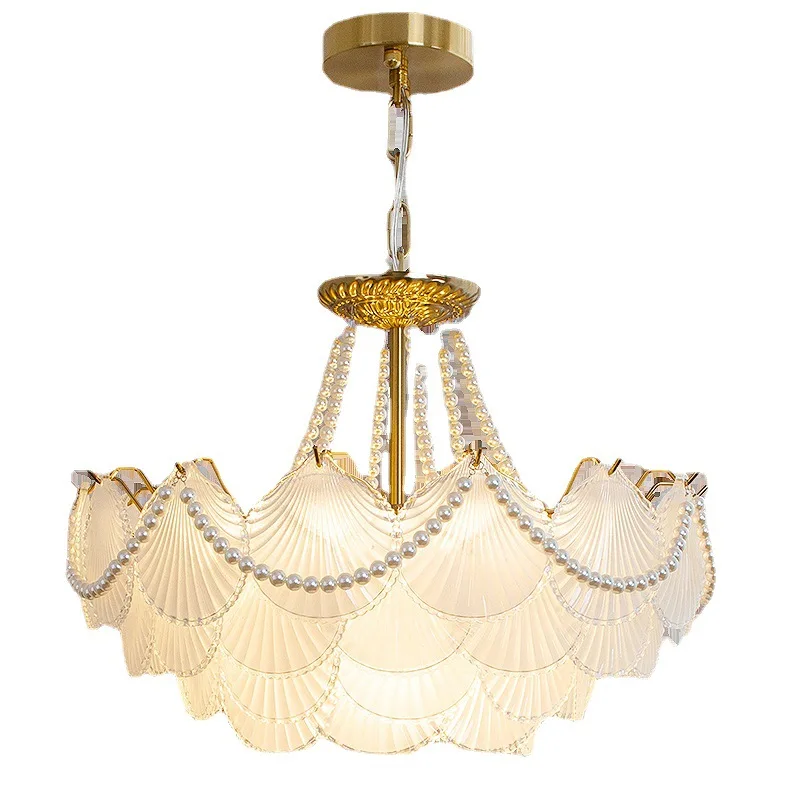 Lustre en cristal de coquillage français haut de gamme, éclairage LED moderne, décoration de la maison en cuivre, salon et salle à manger