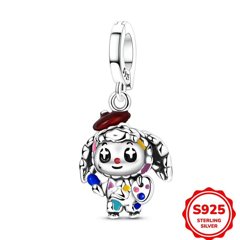 

925 Sterling Silver Hanging Rabbit Painter Doll Ornament Charms Fit DIY Bracelet Necklace Engagement Birthday Jewelry Gift