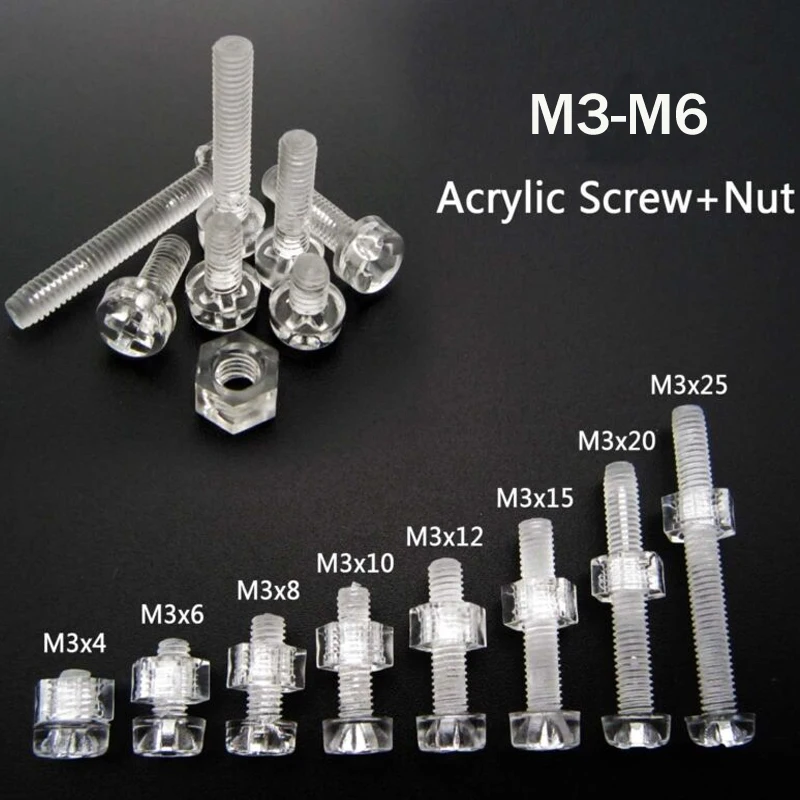 50sets Acrylic Clear Plastic Nylon M3-M6 Round Phillips Head Screw Bolt + Nut