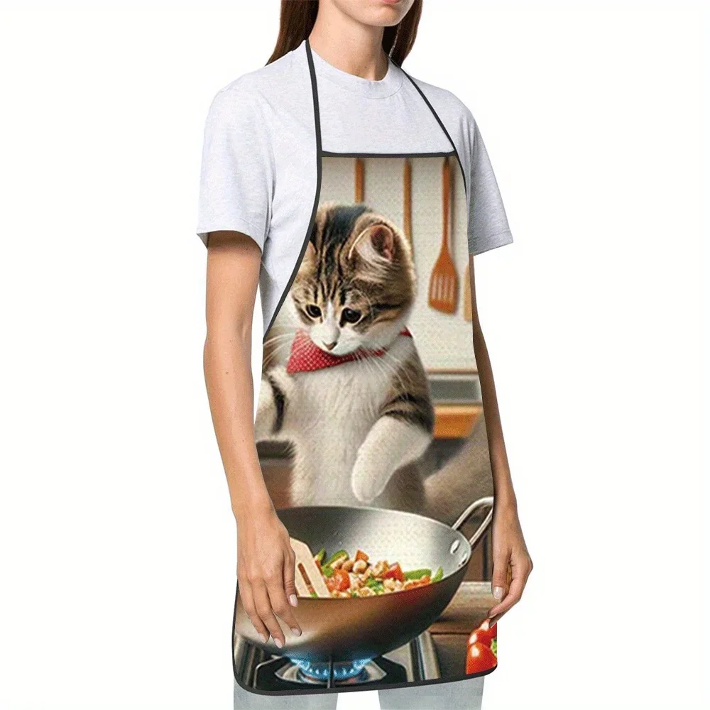 Housewarming Gift Men Women Cooking Apron Kitchen Apron Cat Frying Pan Vegetable Design