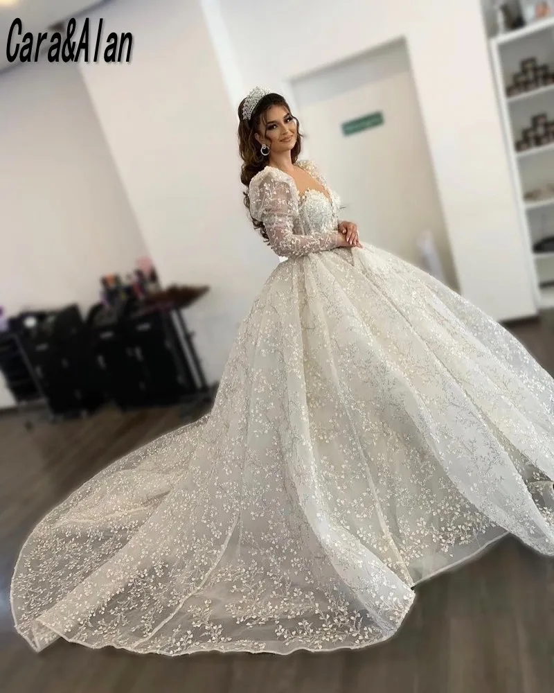 Luxury 3D Floral Wedding Dresses Long Sleeves Applique Sheer Neck Arabic Bridal Gowns For Women Princess vestido de noiva