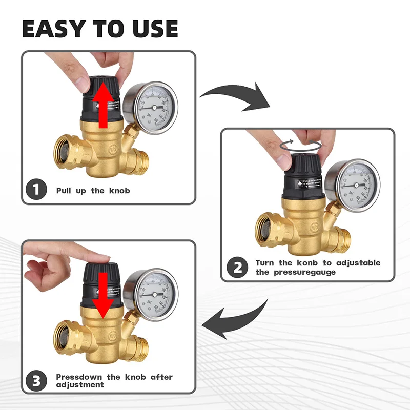 Water Pressure Regulator for RV Camper 3/4 Inch Pressure Reducing Valve Brass Lead-Free Adjustable RV Water Pressure Regulator