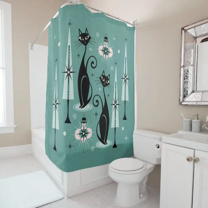 Retro Atomic Cat Mid-Century Cat Family Holiday ©️studioxtine Shower Curtain Bathroom Curtain With Hook Bathroom Curtain