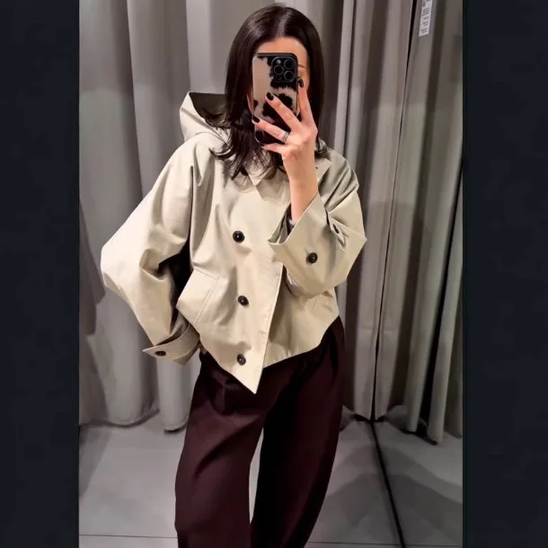 2025 neue Herbst Frauen Casual Mode Lose Feste Kapuze graben mantel Frauen Revers Einzigen Breaestd Jacke Windjacke Streetwear