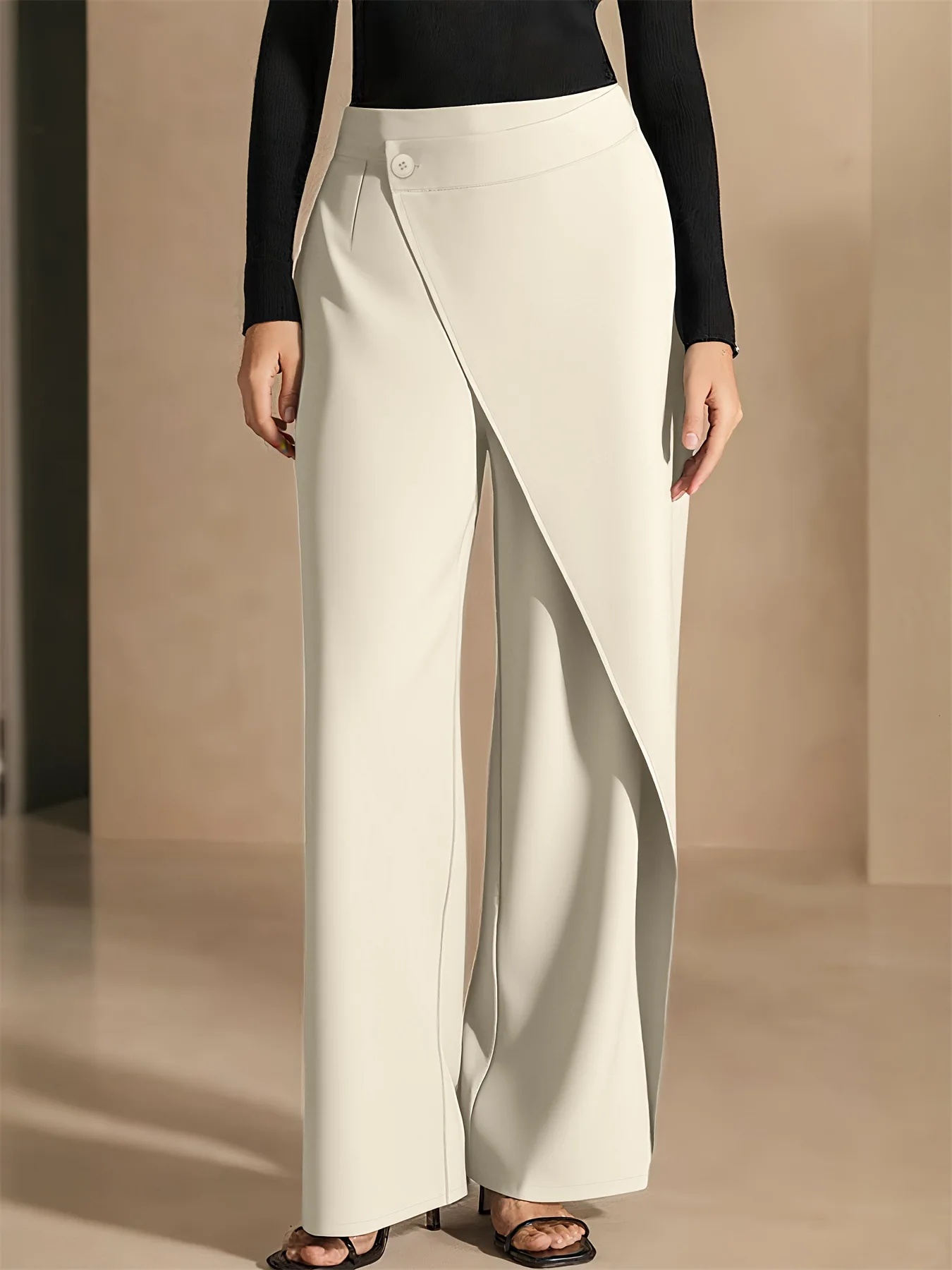 Neue Hochgeschnittene Damenhose für Herbst Büro-Mode Gerade Geschnittene Anzughose Lässige Knopfleiste Weite Asymmetrische Damenhose – Detail 9