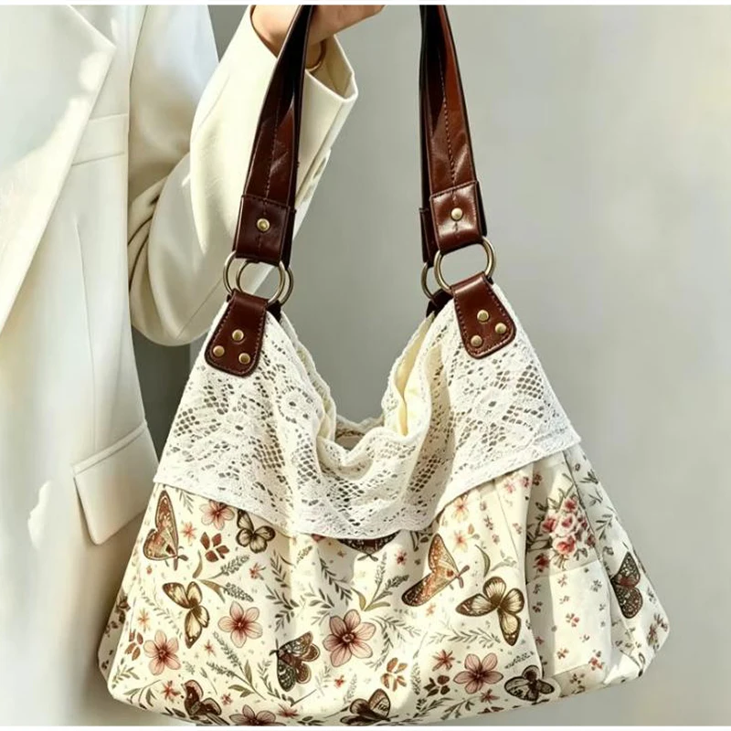 Mori Girl Ditsy-Blumenmuster-Schultertasche mit Spitzenbesatz und Patchwork-Design, Damen-Handtasche im Colorblock-Stil, leichte Vintage-Bohemian-Chic-Tasche – Detail 8
