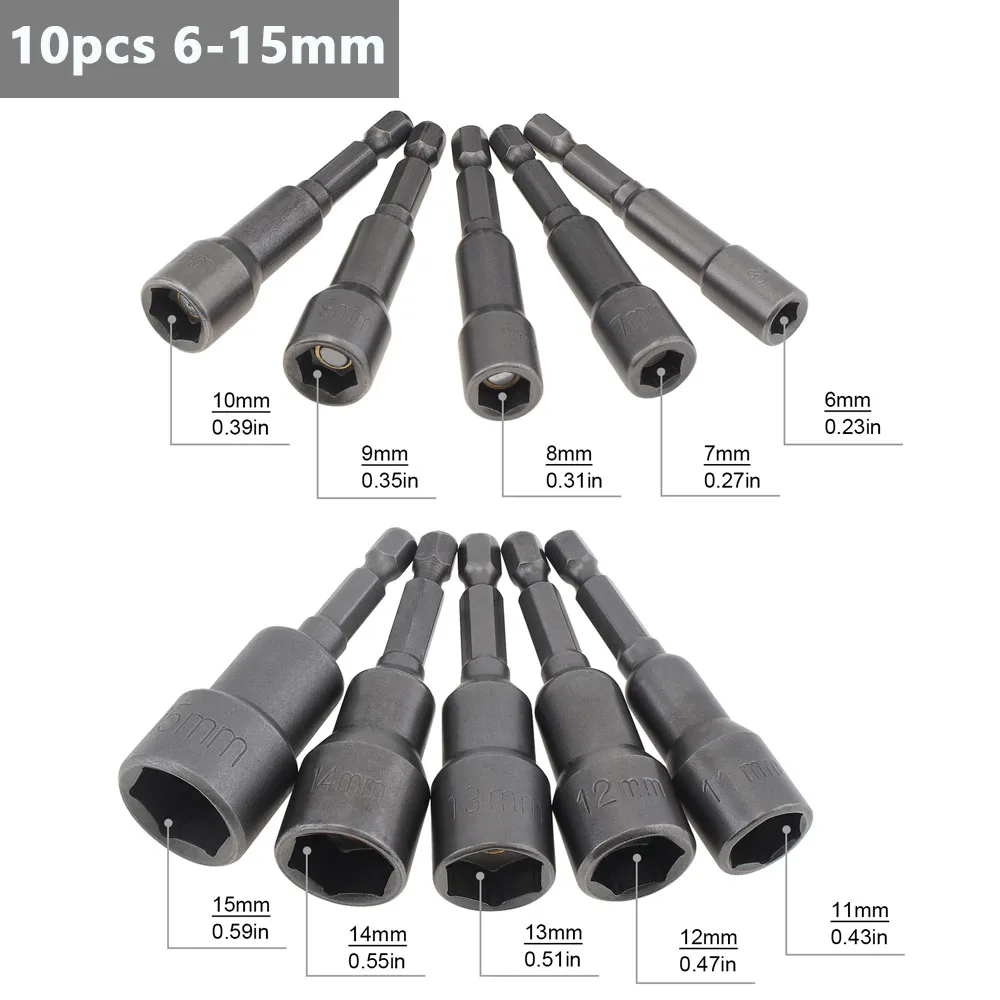 1/4 inch 10/12/14Pcs Magnetic Hexagon Socket Nut Driver 6-19mm Hex Shank Drill Bits Set Remover Tools for Electric Screwdriver