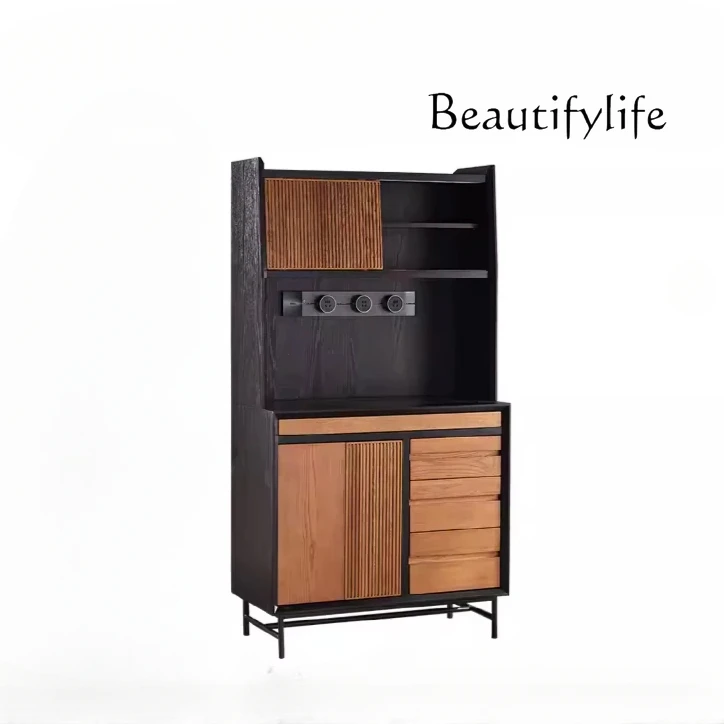 Nordic Modern Vintage Teakwood Color Solid Wood Multi-Functional Cupboard Black Mid-Ancient Silent Style High Cabinet