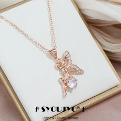 SYOUJYO Angel Wings Pendant Necklace For Women Natural Zircon Vintage Jewelry 585 Rose Gold Color Wedding Gift
