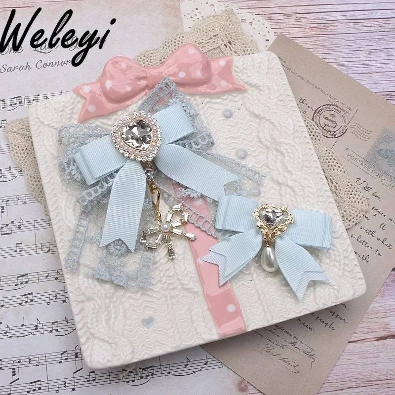 Lolita Sweet Hair Accessories Female Jirai Kei Japanese Korean Cute Girl Side Clips Mine Style Lace Bow Rhinestone Hairpins 2024