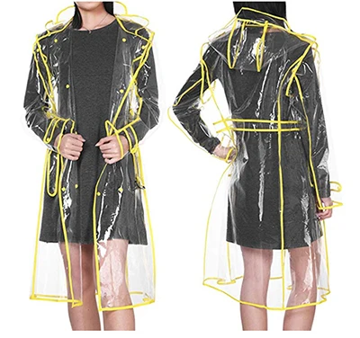 Women Men Clear Plastic Long Raincoat Waterproof Hooded Jacket with Belt