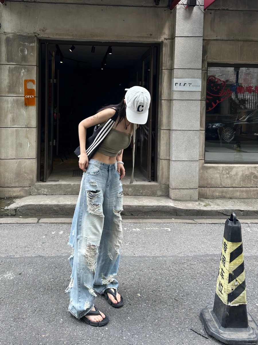 Jeans rasgados de rua alta para mulheres, calças finas retas azuis lavadas, calças de personalidade, calça casual retrô no chão, calças longas de maré