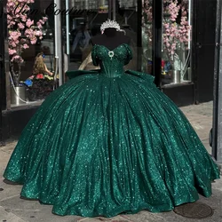 Glitter Emerald Green Diamonds Quinceanera Dresses Princess Pearls Corset Applique Vestidos 15 Quinceañera Lace-up Customized
