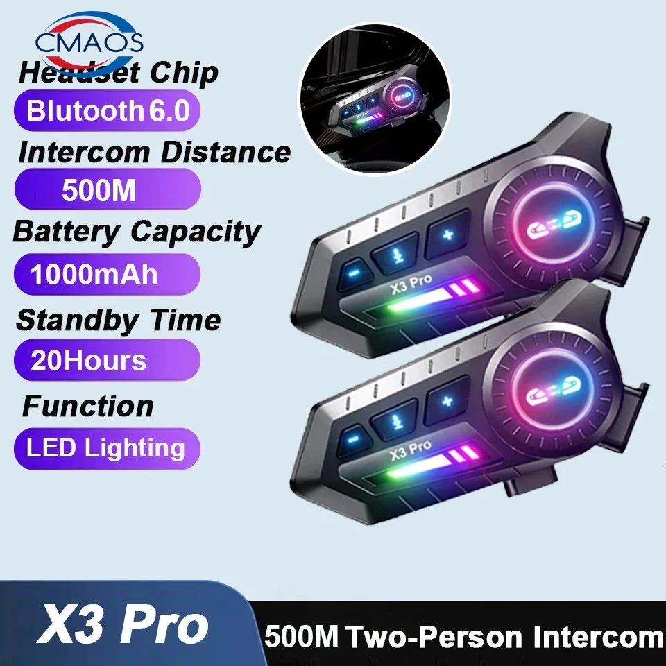 

Bluetooth 6.0 Motorcycle Intercom Helmet Headset 500M For 2 Riders Intercommunicator NoiseReduction FM Radio with Ambient light