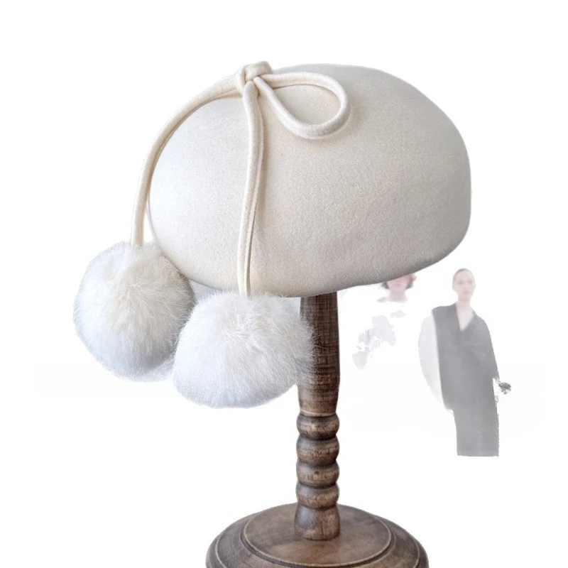 Koreanische Version Ins Süße Schleife Pelzbommel Woll-Baskenmütze Damen Winter Vielseitige Elegante Warme Malermütze Einfarbige Kürbismütze – Detail 5