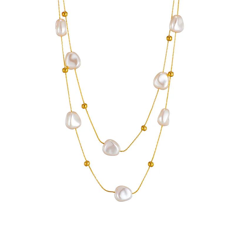 Yupsk 316L Stainless Steel Double Layer Pearl Choker Necklace for Women 2in1 Chains Necklaces Bridal Wedding Party Jewelry