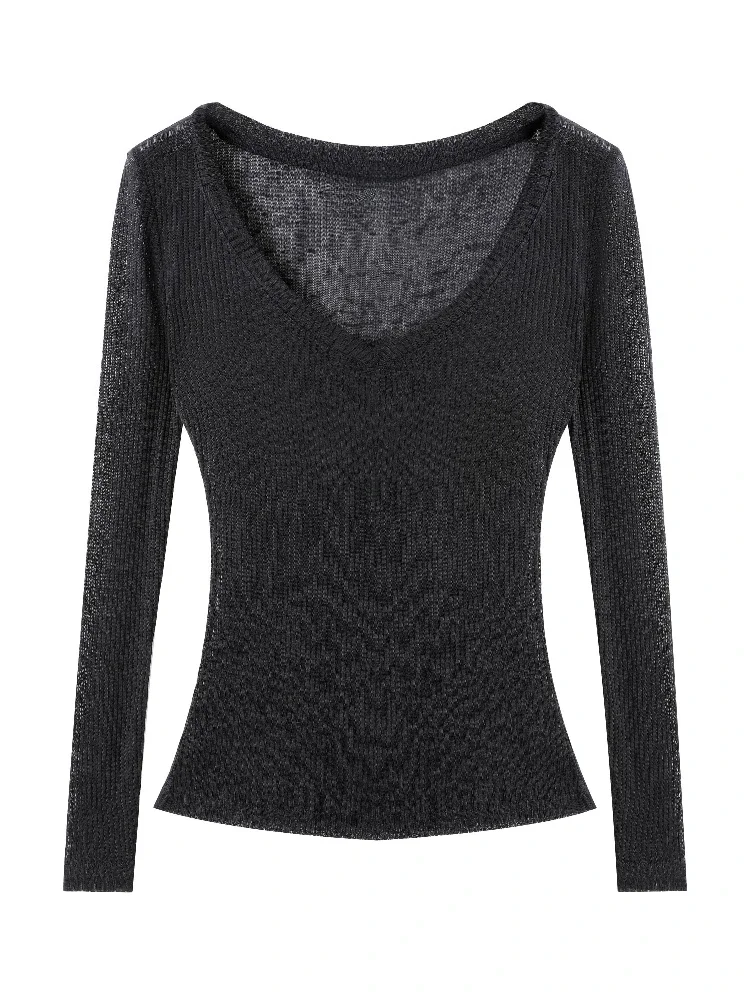 Dünnes Sonnenschutz-Langarmshirt 2026 Sommer Neu V-Ausschnitt Damen T-Shirt Lässiger Stil Durchsichtig Einfarbiges Überzug-Top – Detail 6