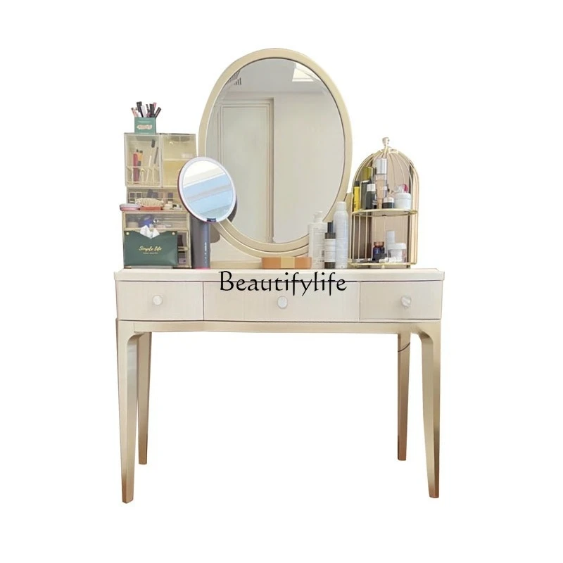 

Solid wood makeup table small apartment bedroom dresser stool combination