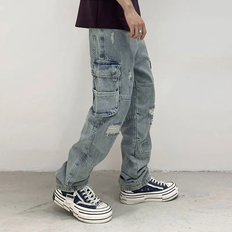 newy2k men's high-quality retro work pants with washed pockets and decorative water, nostalgic stretch slim fit, washed