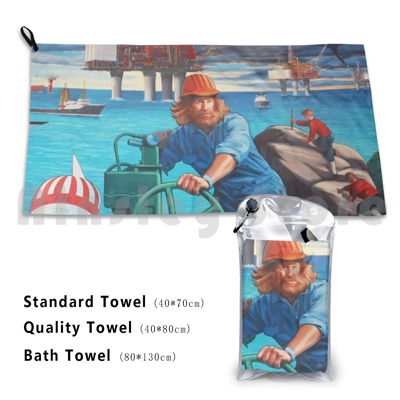 Maelstrom Mural-Construction Worker Custom Towel Bath Towel Maelstrom Mural Norway Retro 80s 90s