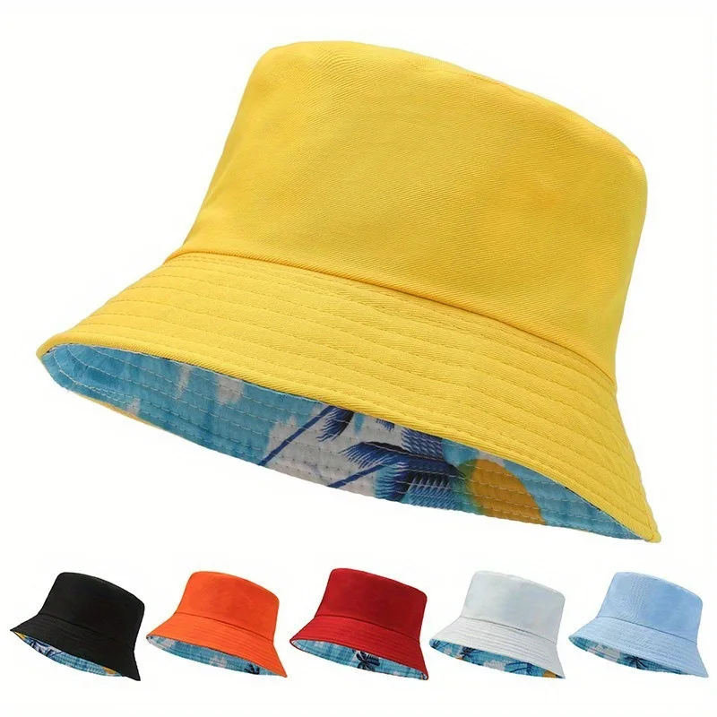 Reversible Bucket Hat Men Women Tropical Palm Tree Print Fisherman Cap Summer Beach Travel Double Sided Wear Wide Brim Sun Hats