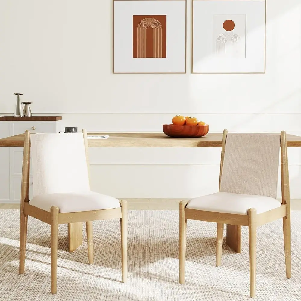

Linen Beige Upholstered Dining Chairs Set of 2, Wooden Arm Chairs with Natural Legs for Dining Room, Restaurant, Living Room