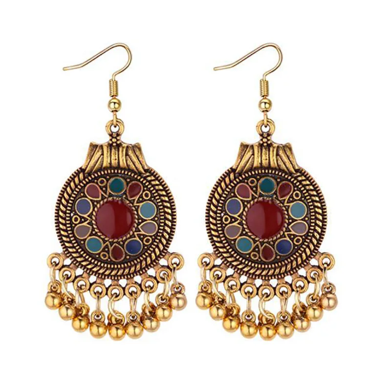 Flowery earrings European and American retro ethnic style dripping oil earrings smear personality metal ball earrings