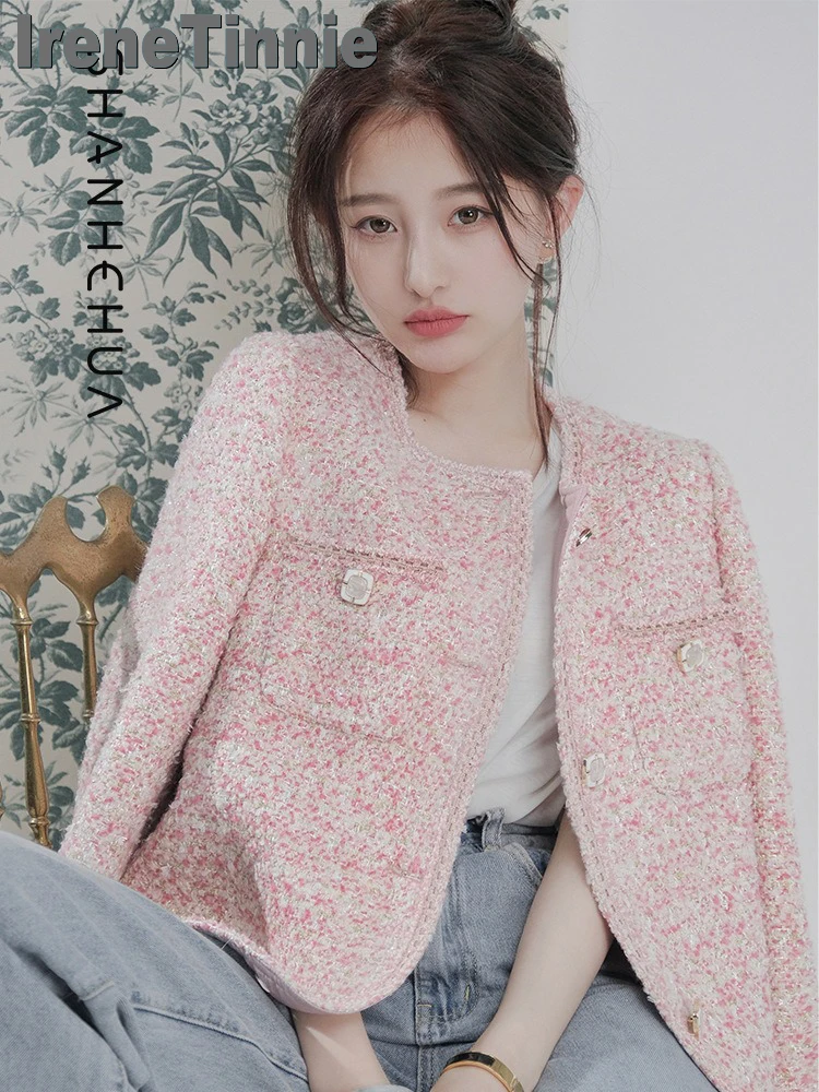 

IRENE TINNIE Women Outwear Autumn Little Fragrance Chic Pink Wool Jacket Female O-neck Single-breasted Slim Plaid Tweed Jacket