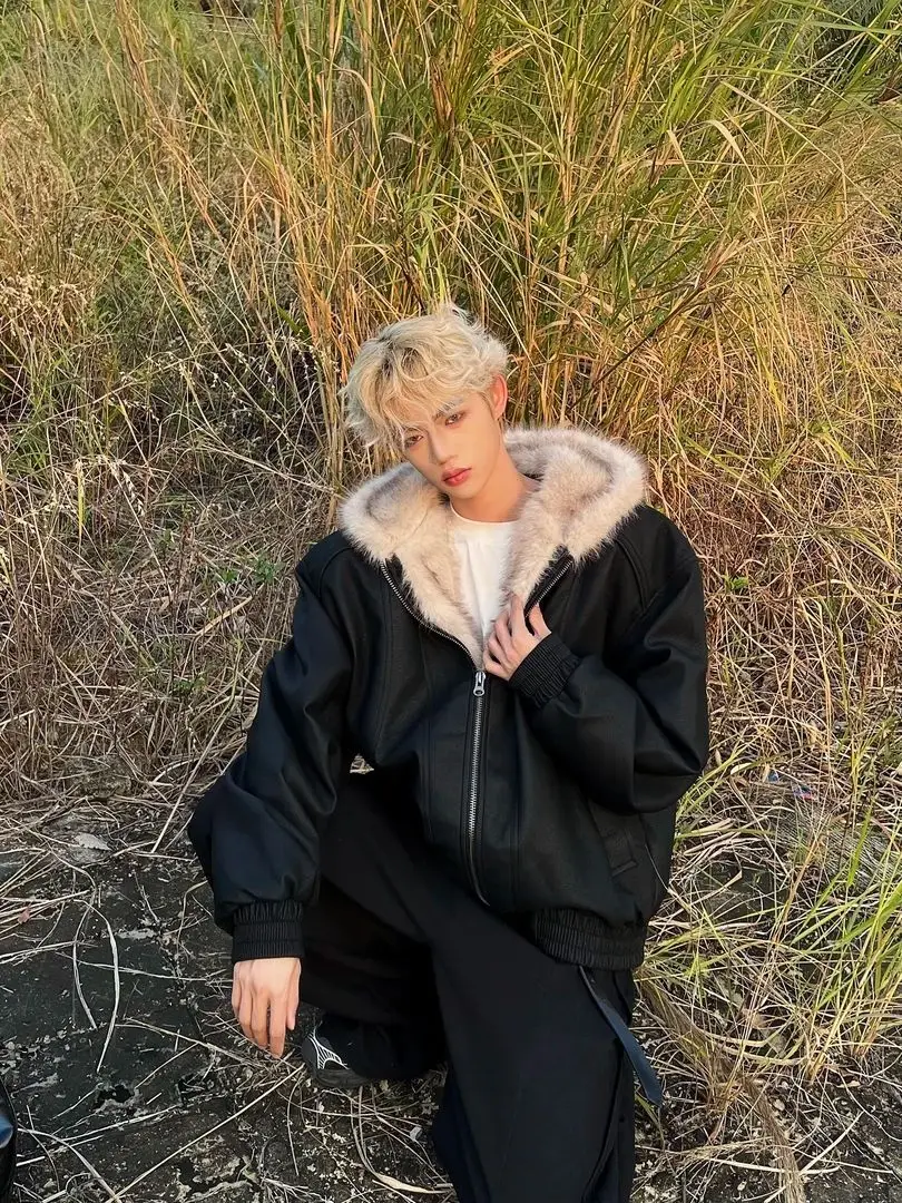 الشتاء 2000s الجمالية فو الفراء طوق سترات الرجعية الرجال Y2k زمم مقنعين ثقافة فرعية Harajuku خمر معاطف بلوزات #4