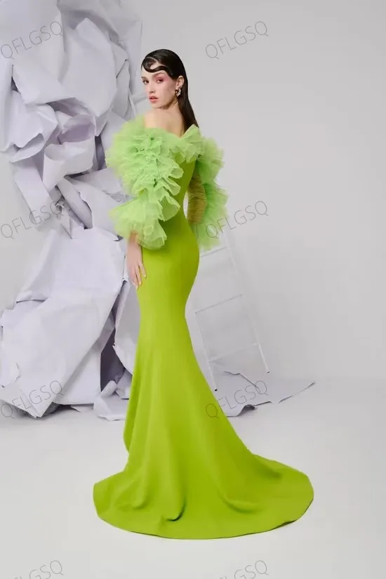 Neon Green Women Party Dresses High Couture Long Evening Gowns Sleeves Ruffled Wedding Reception Dress Trumpet Personalized