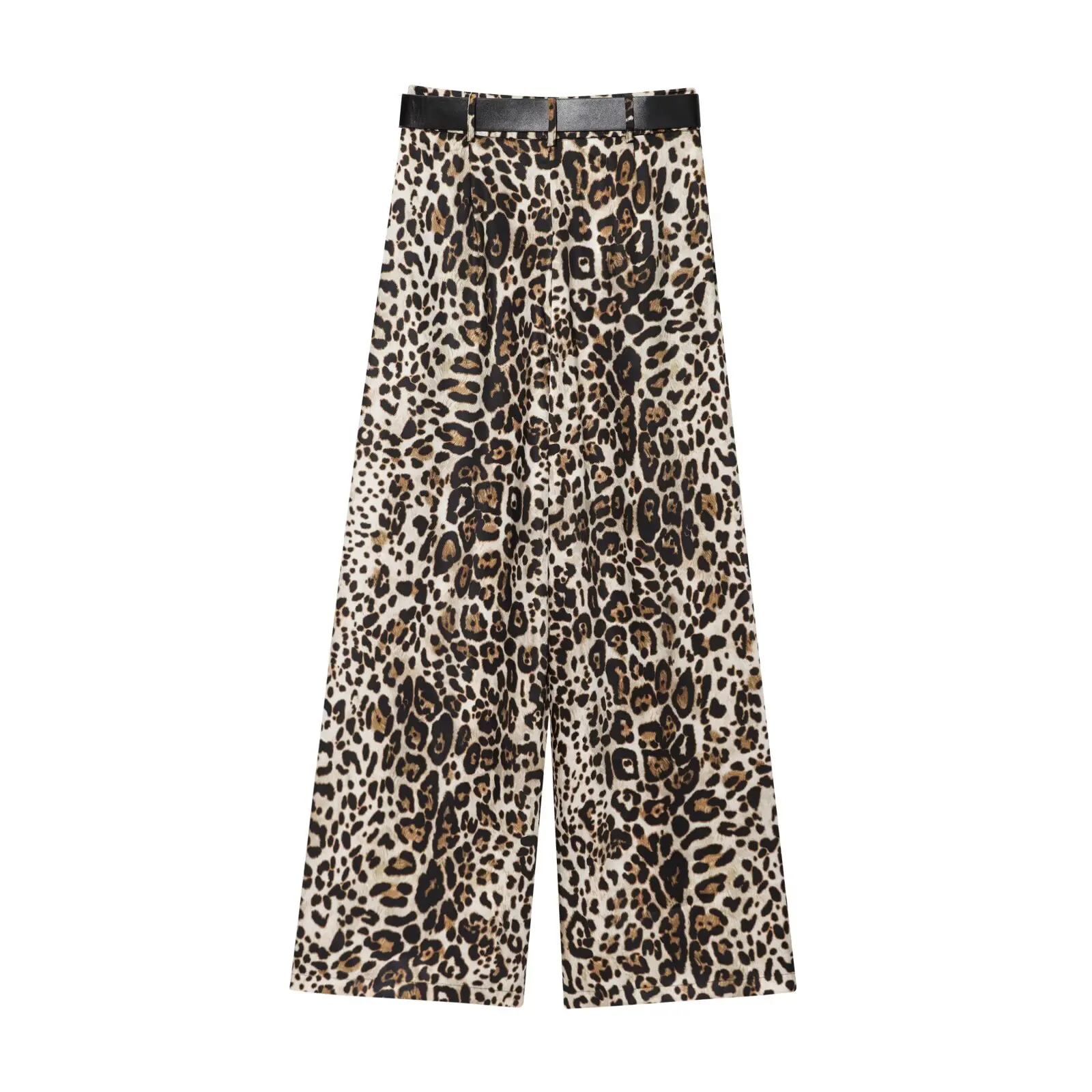 2026 Women's Vintage Designer Smooth Soft Leopard Satin Pants with Belt Lady Elegant High Waist Loose Wide Leg Straight Trousers