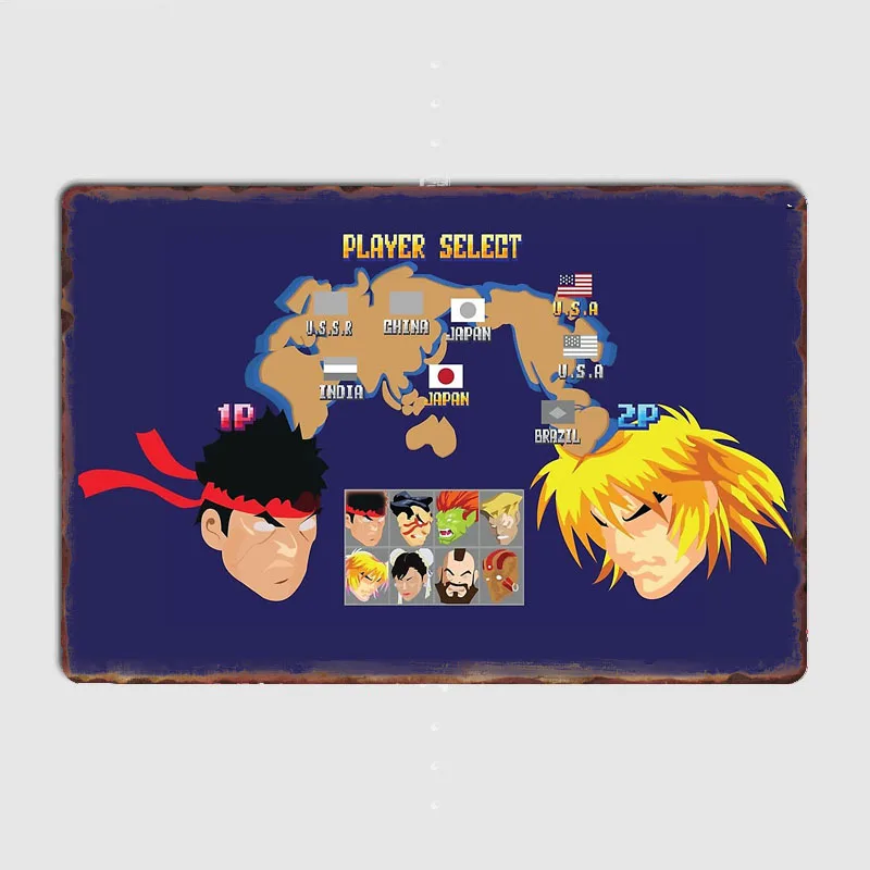 Street Fighter Game Character Select Poster Retro Metal Custom Posters Sign Game Club Indoor Wall Room Decoration Home Decor
