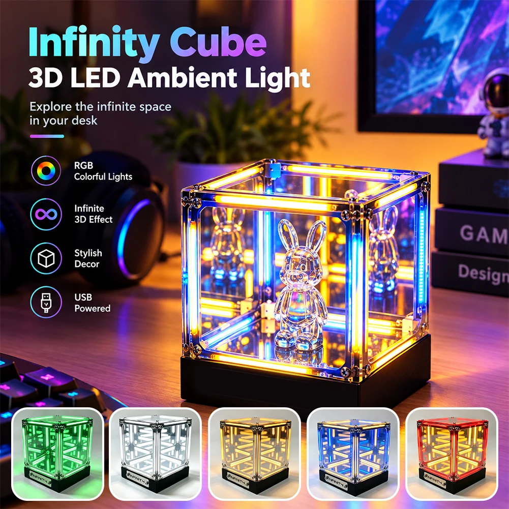 4D Hypercube LED Table Lamp Multi-Color Infinity Mirror Abyss Box Night Light Desk Ornament Action Figure Display Room Decor