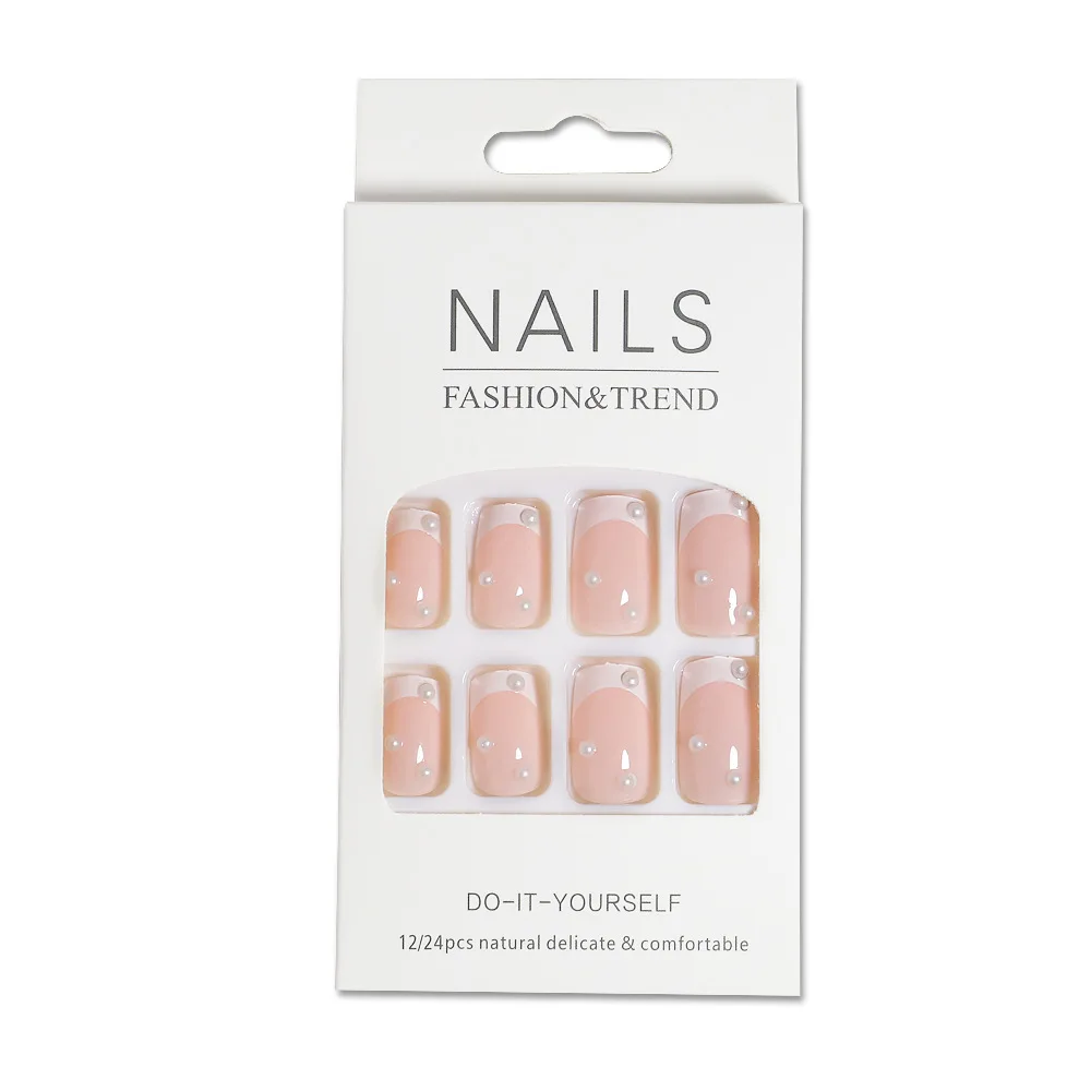24 Uds. Parches cortos de perlas francesas para uñas, uso sencillo, borde blanco, polvo desnudo, perla, uñas postizas artísticas ﻿