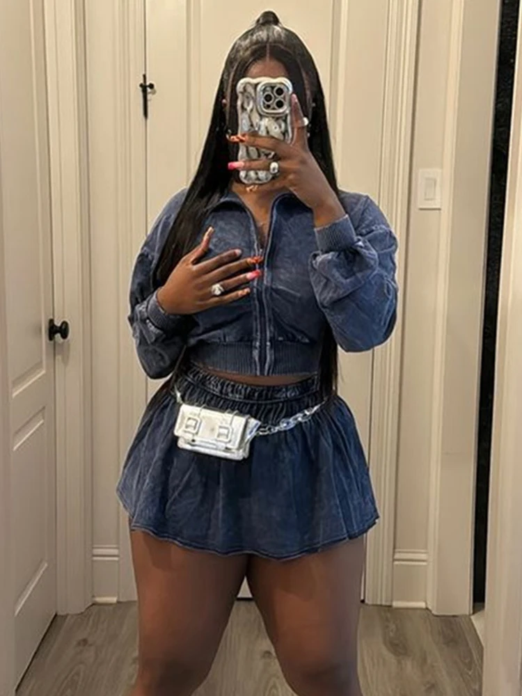 Kliou Distressed Style 2 Piece 세트 여성 전체 소매 카디건 크롭 재킷 + 탄성 허리 미니 스커트 핫티 스트리트 패션 슈트