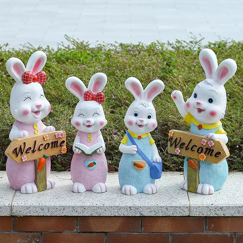 

Cute Rabbit Garden Statues Welcome Sign Decor for Yard Kindergarten Animal Ornaments Cartoon Bunny Figurine for Lawn Decorations