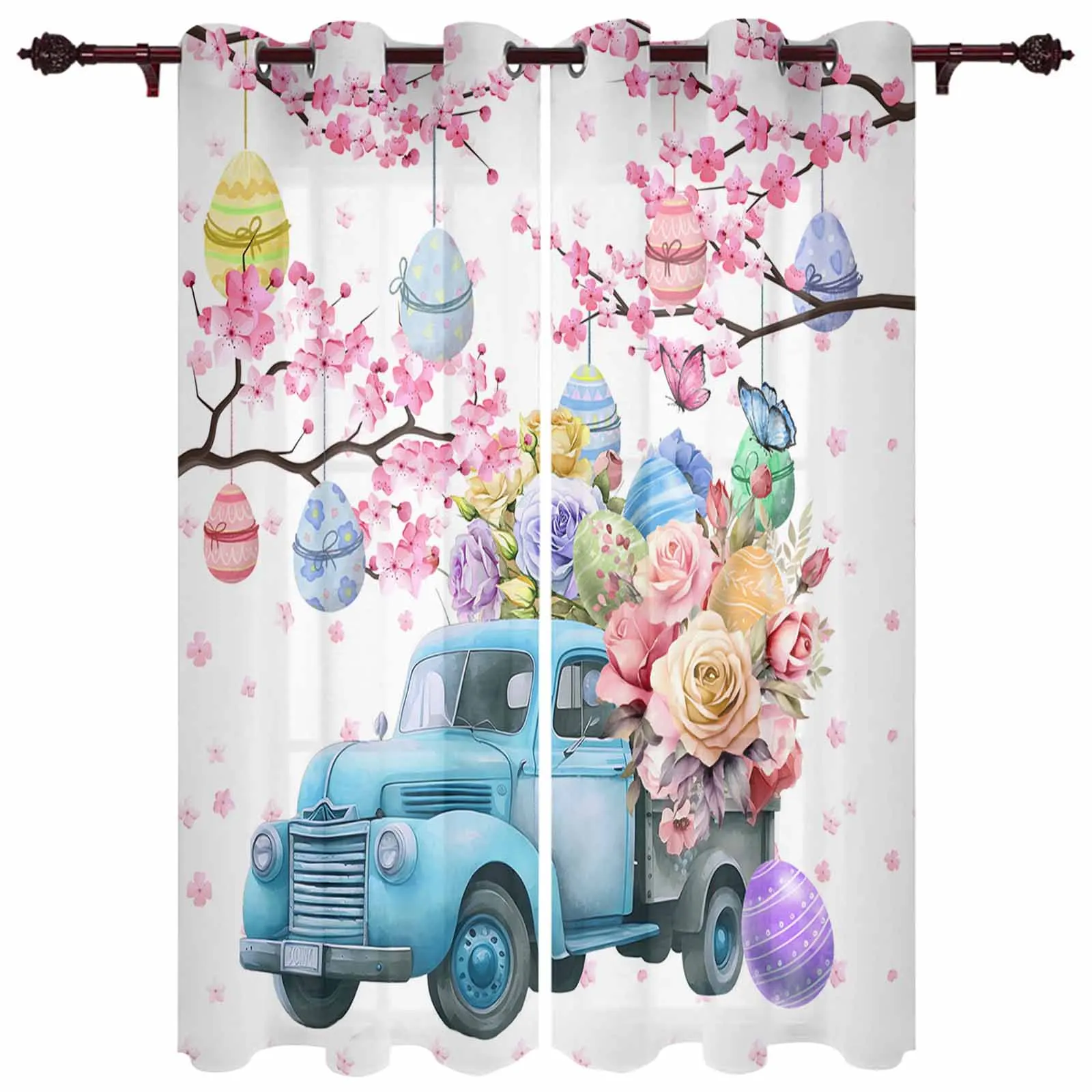 Easter Eggs Flowers Cherry Blossoms Roses Truck Living Room Curtains Modern Home Decor Kitchen Drapes Bedroom Window Curtains