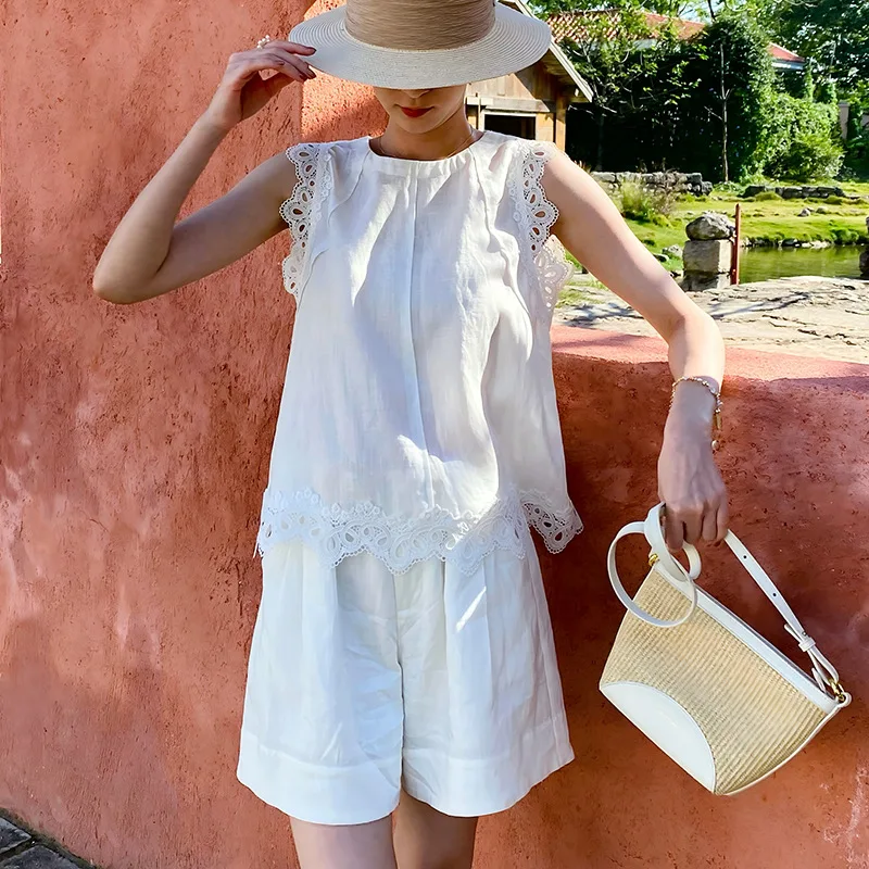 French Style Vintage Tank Blouse Shirt Women Linen Sleeveless Hollow Out Embroidery Loose Sheer Vacation Boho Ladies Summer Tops view 4