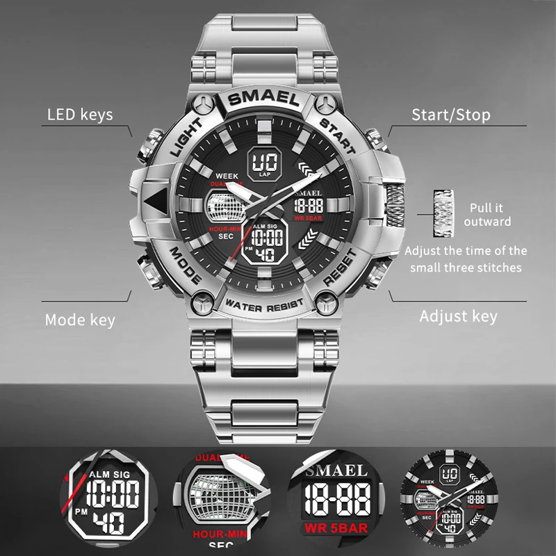 SMAEL Golden Sport Watches for Men Stainless Steel Band Analog Quartz Digital Dual Time Waterproof Luminous Wristwatch Male