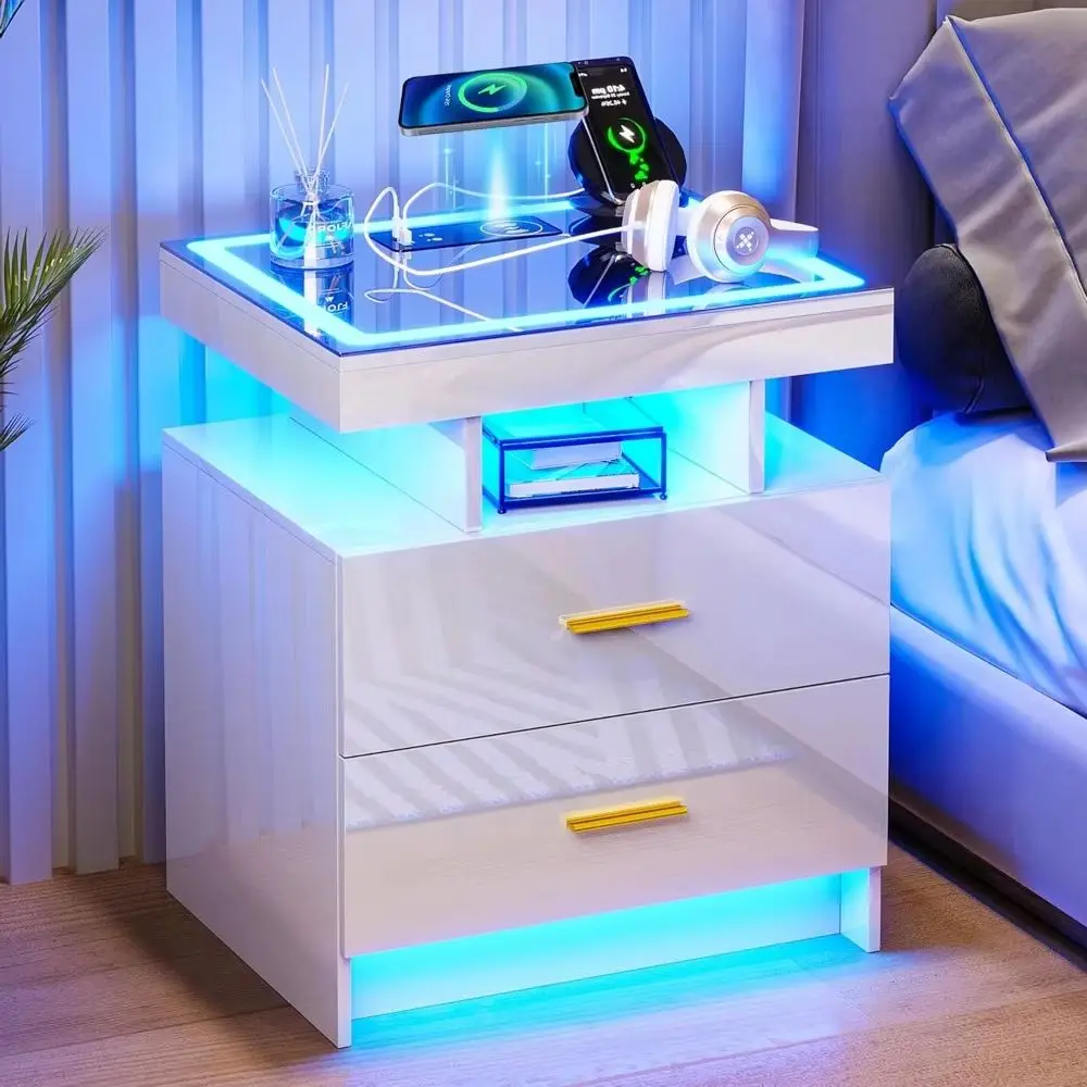 

LED Nightstand with Charging Station High Gloss Bedside Table with 2 Drawers, Smart Night Stand with Auto Sensor Lights