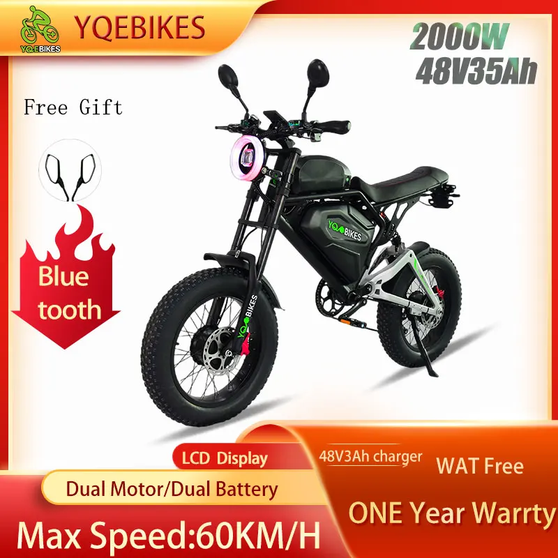 

Dual Battery2000w 35Ah Fatbike Bluetooth Color Light Dual Drive Racing Mountain Electric Bike Full Suspesnion ebikes 48V