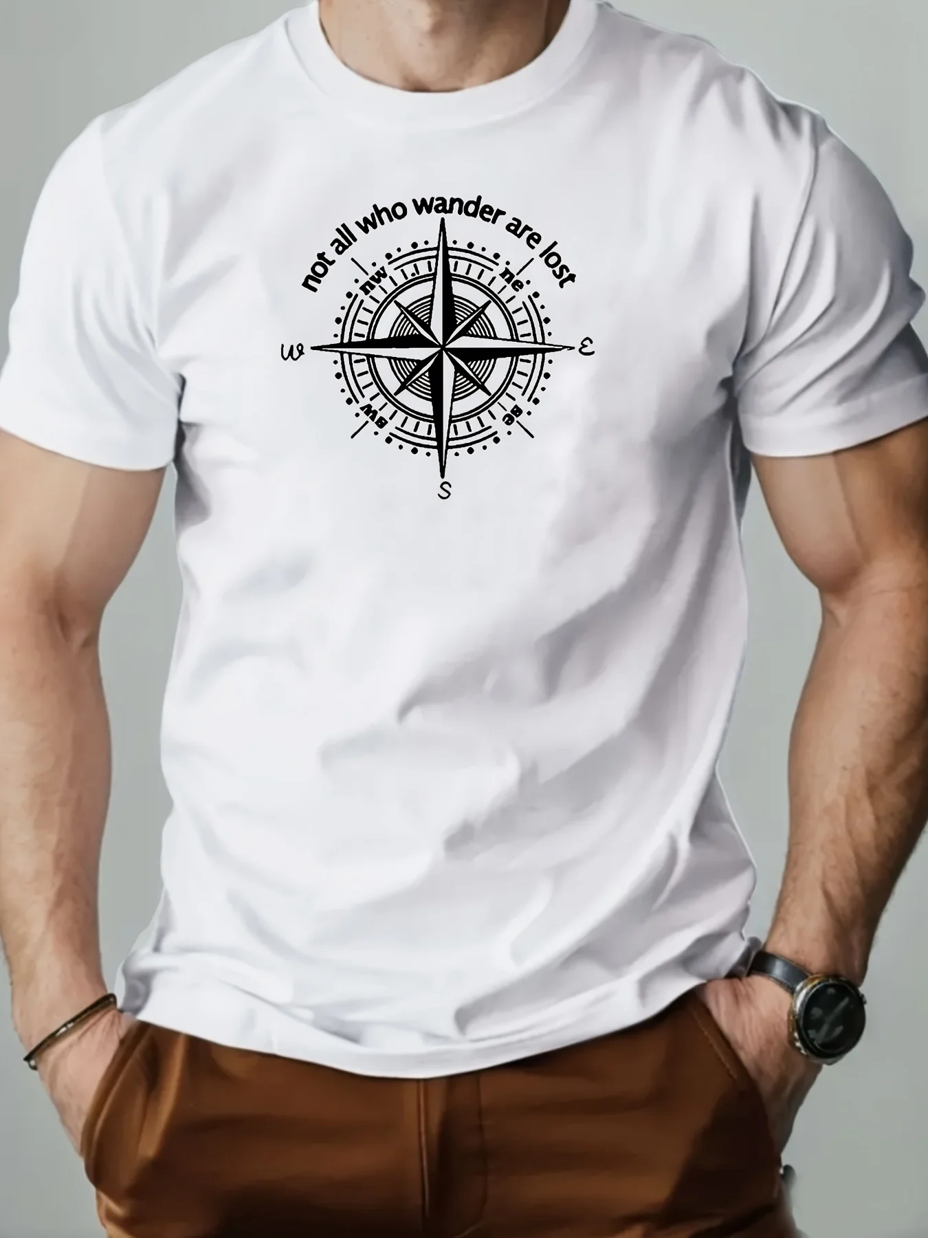 Men's summer 100% pure cotton fashionable casual sports loose compass pattern printed round neck short sleeved T-shirt top