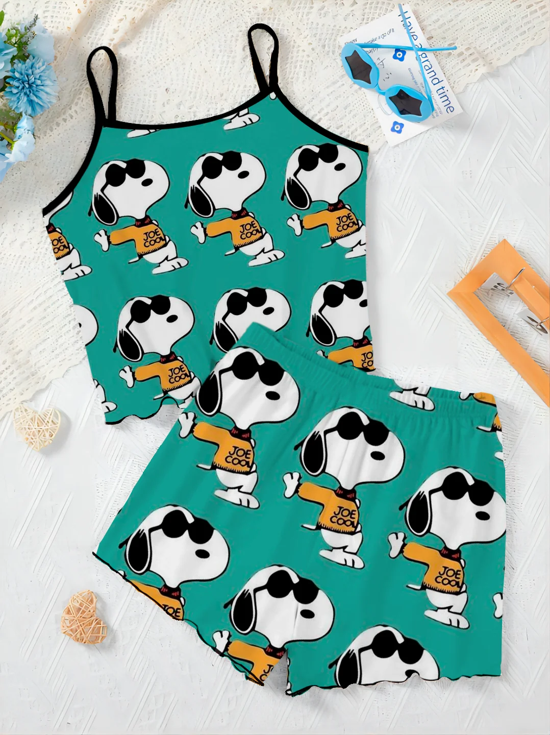 Snoopy Slip Dress Sla Trim Dames Pak Pyjama Rok Broek Set Vrouw 2 Stuks Chique En Elegante Top T-Shirt Kort Luxe